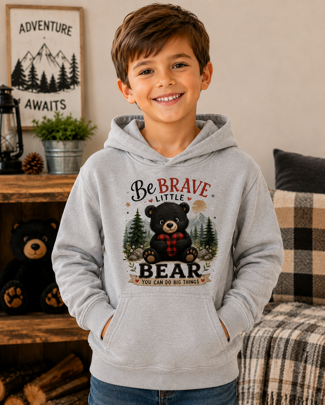 Be Brave Little Bear Kids Hoodie – Cute Woodland Bear Inspirational Sweatshirt for Boys & Girls