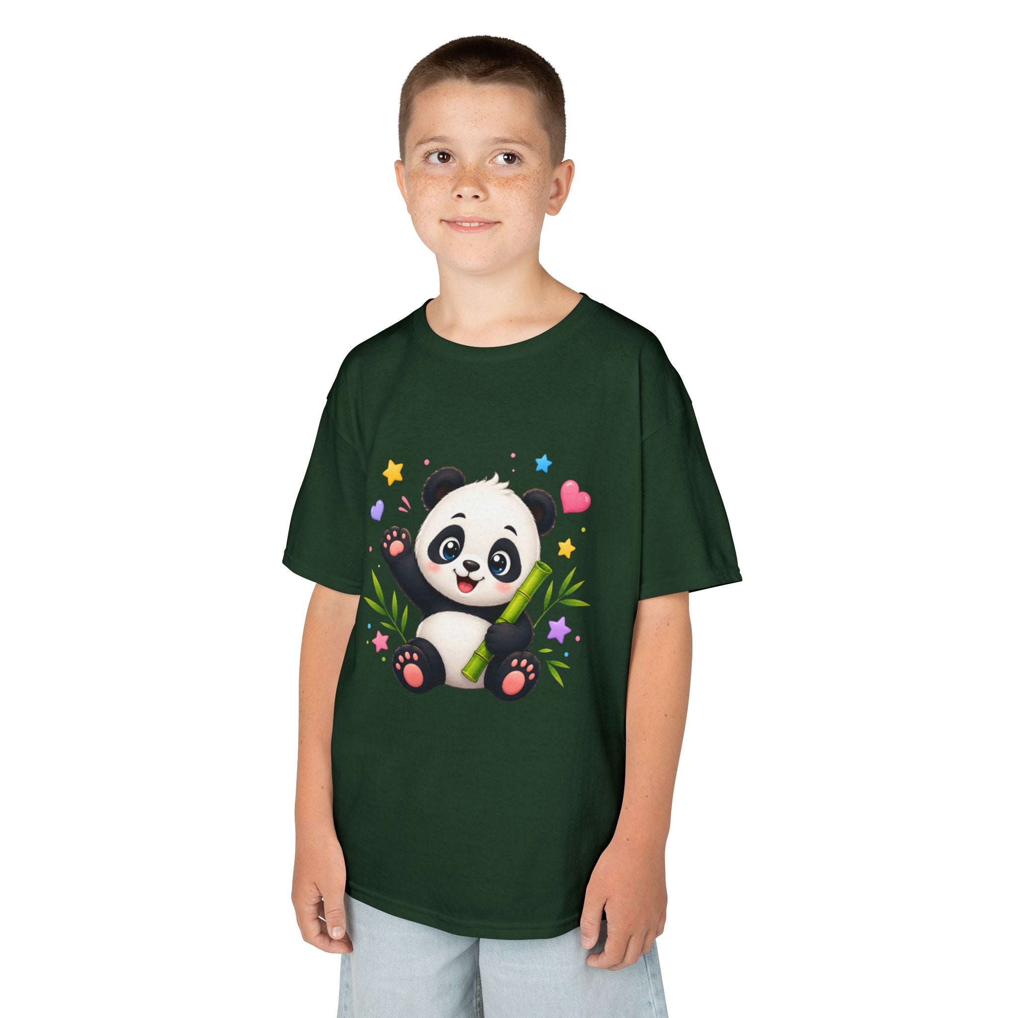 Cute Panda Kids T‑Shirt — Smiling Baby Panda with Hearts & Bamboo