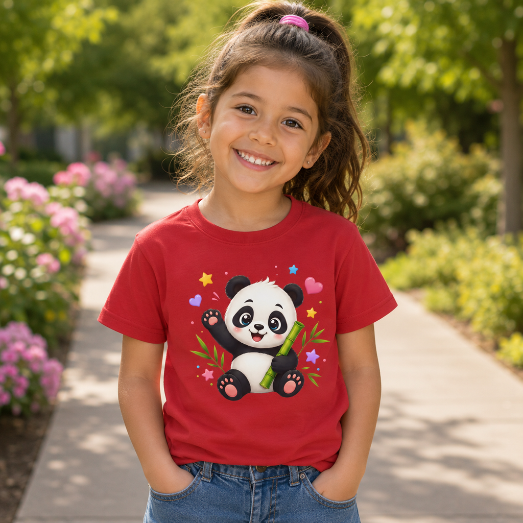 Cute Panda Kids T‑Shirt — Smiling Baby Panda with Hearts & Bamboo