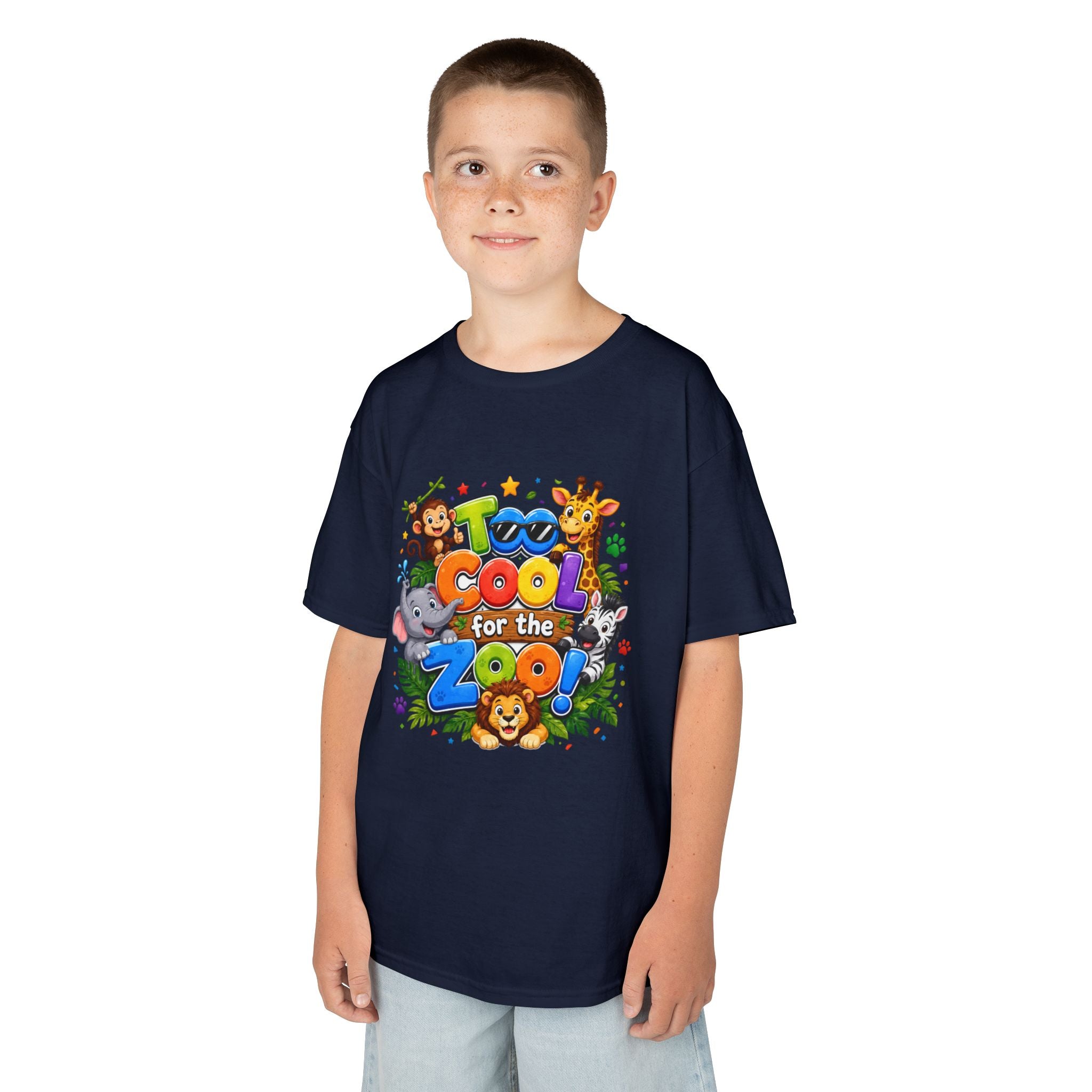 Kids Tee — "Too Cool for the Zoo" Colorful Animal Graphic
