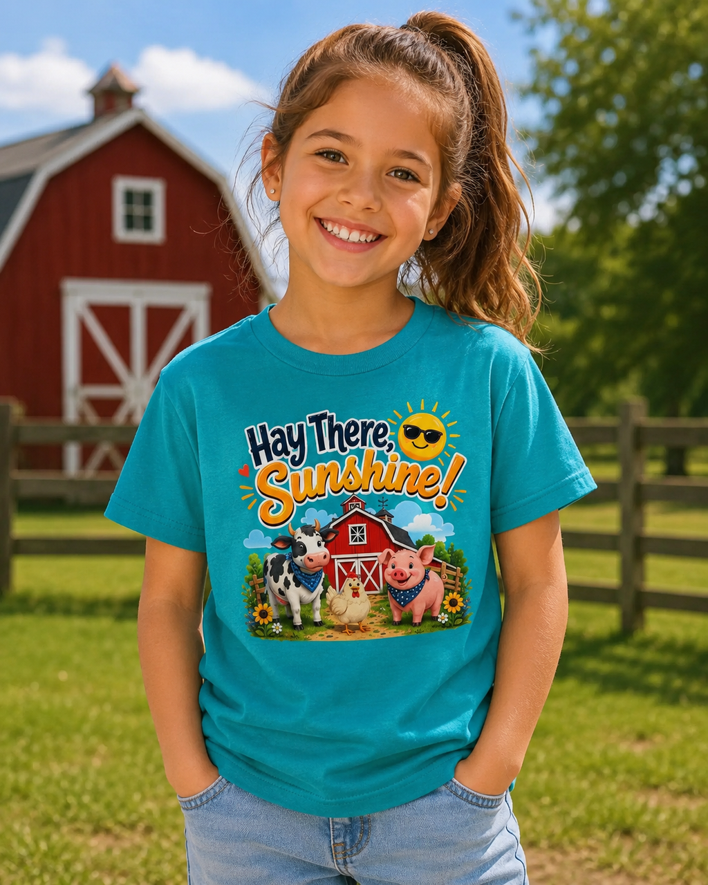 Kids Tee — "Hay There, Sunshine!" Farm Animal Graphic