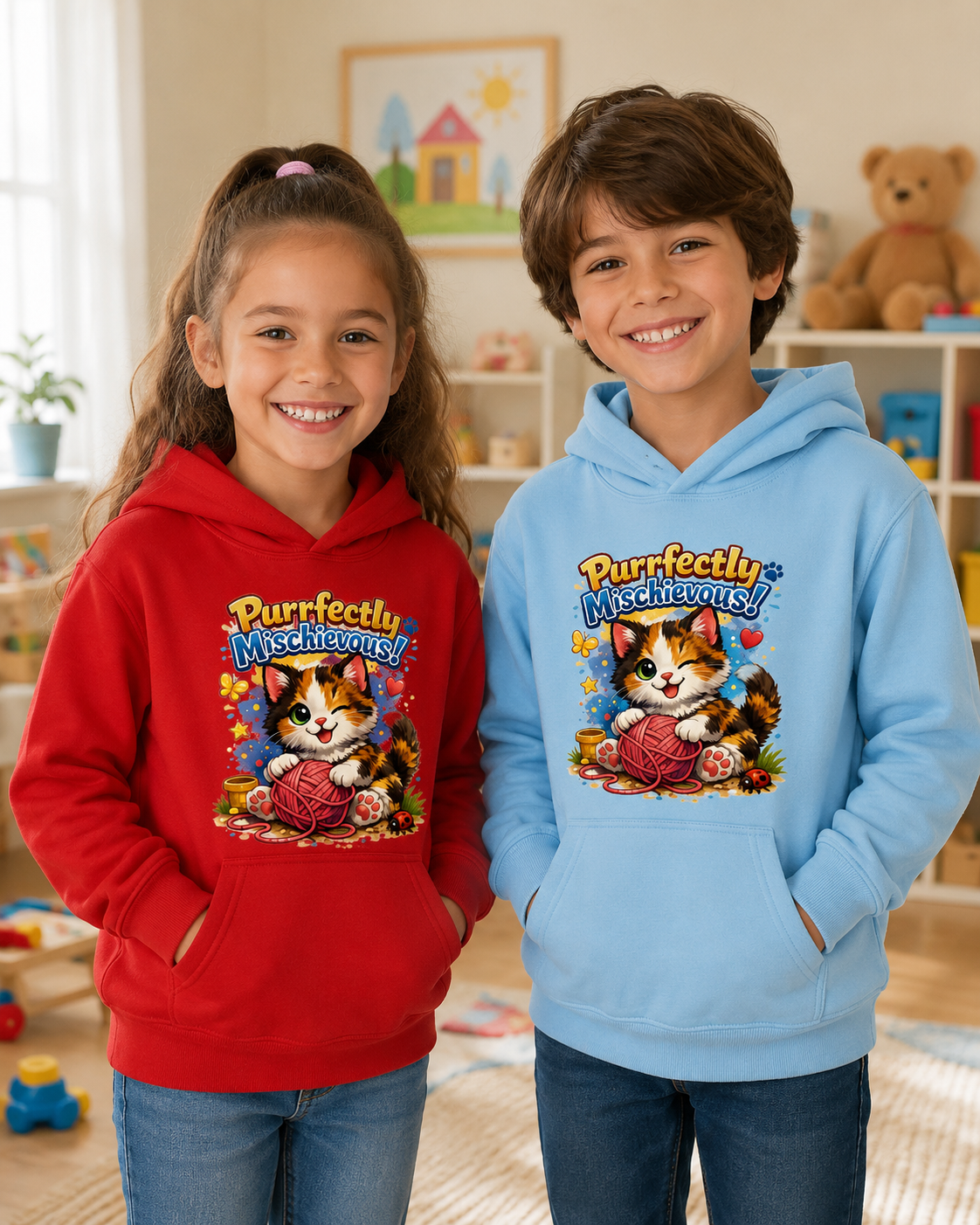 Kids Hoodie — "Purrfectly Mischievous" Cat Graphic Hoodie for Children