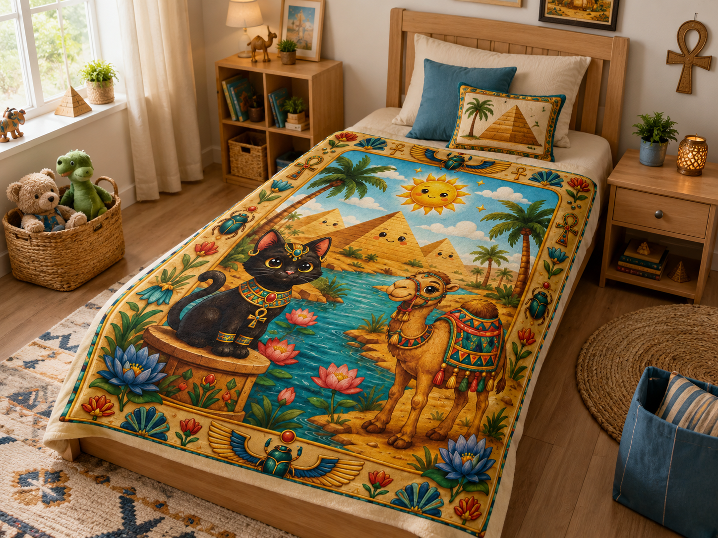 Egyptian Cat and Camel Blanket | Pyramid Sun Retro Egyptian Illustration