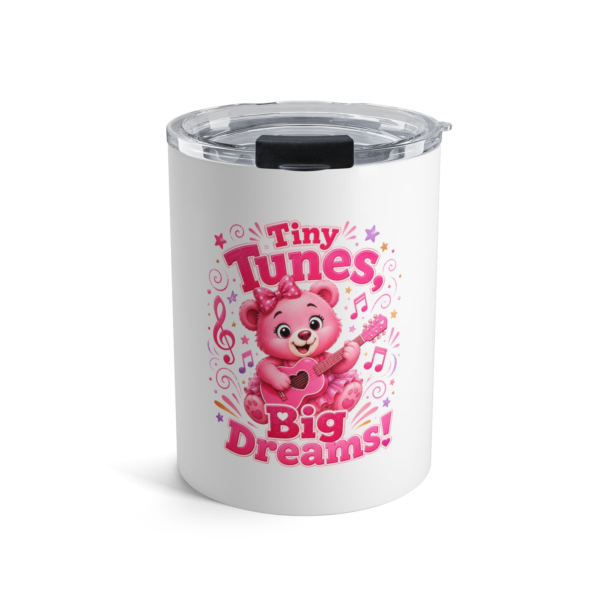 10oz Insulated Tumbler — "Tiny Tunes, Big Dreams" Pink Musical Bear Design