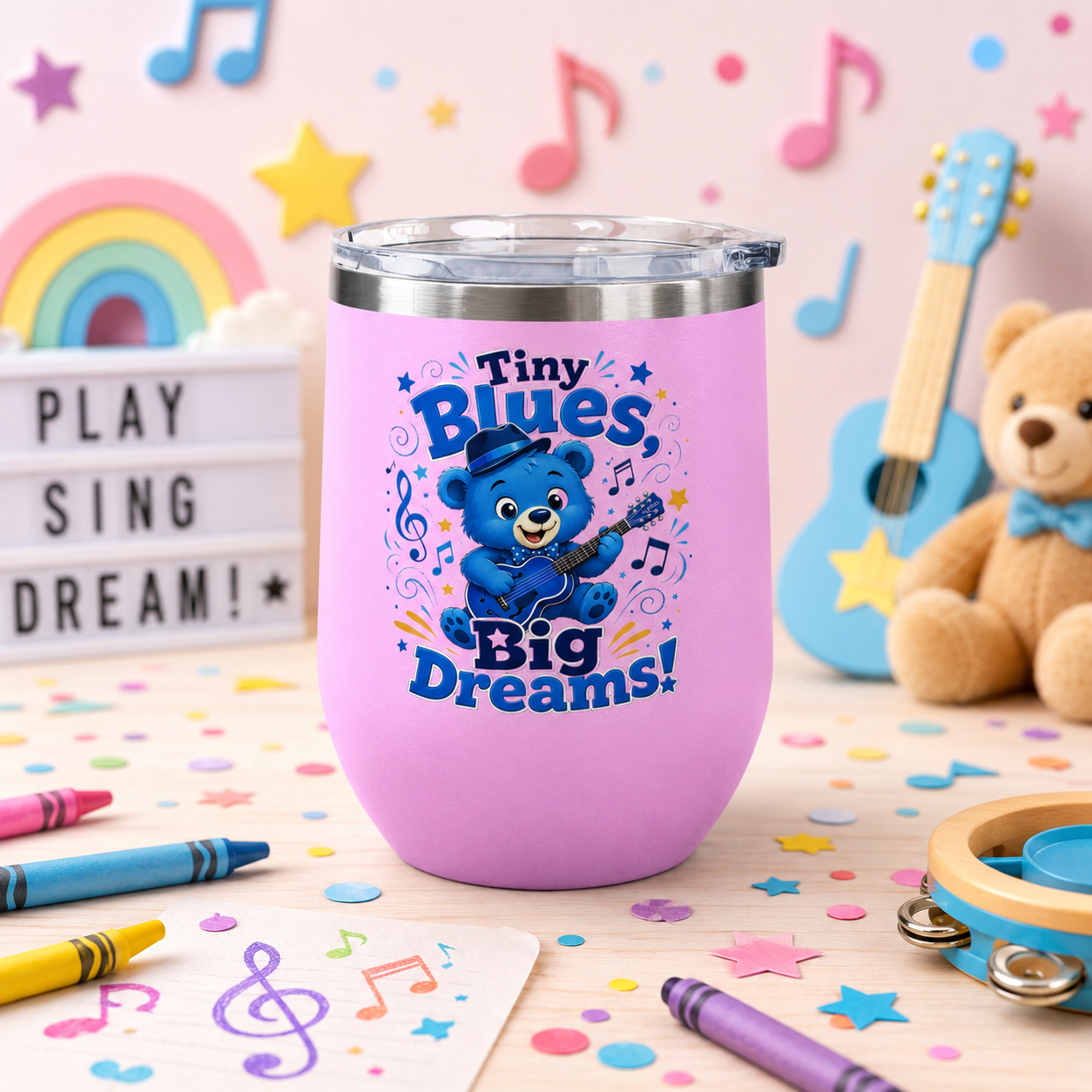 12oz Tumbler — "Tiny Blues Big Dreams" Cute Blue Bear Music Design
