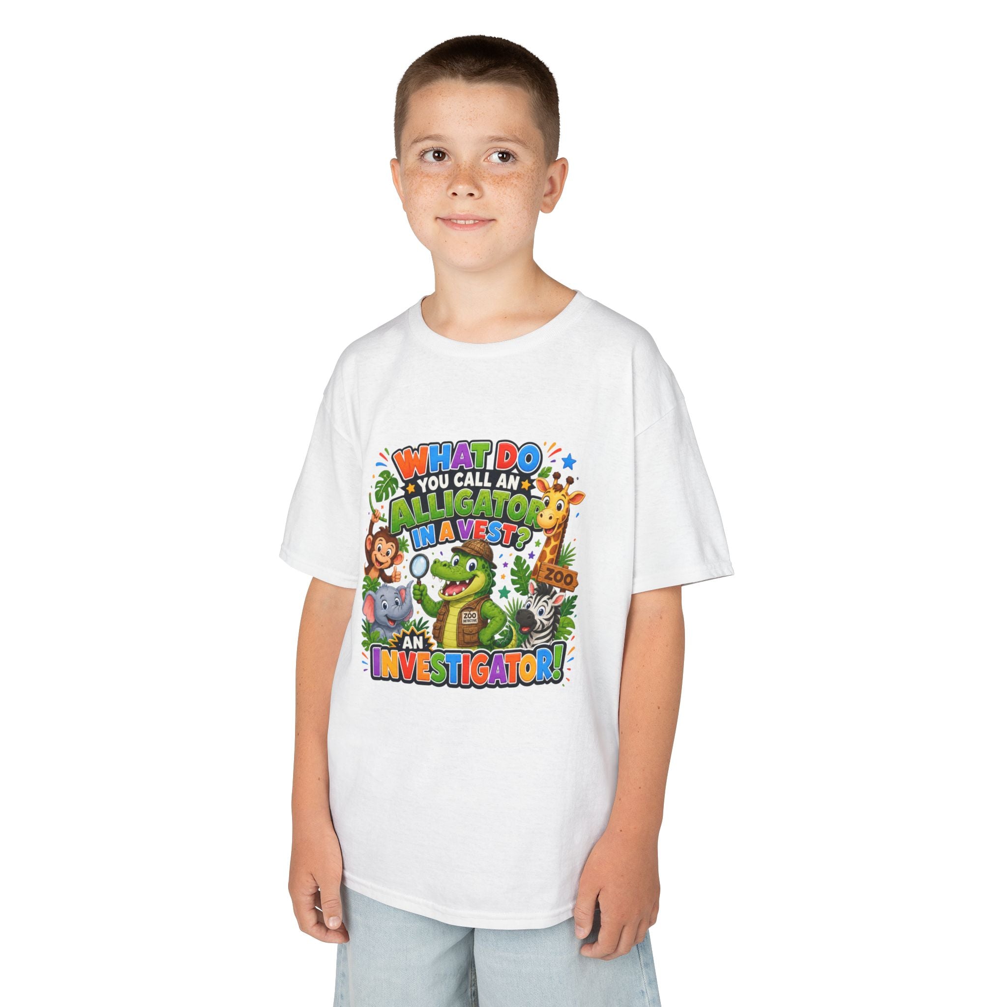What Do You Call An Alligator? Investigator Kids T-Shirt | Cute Jungle Animals Puzzle