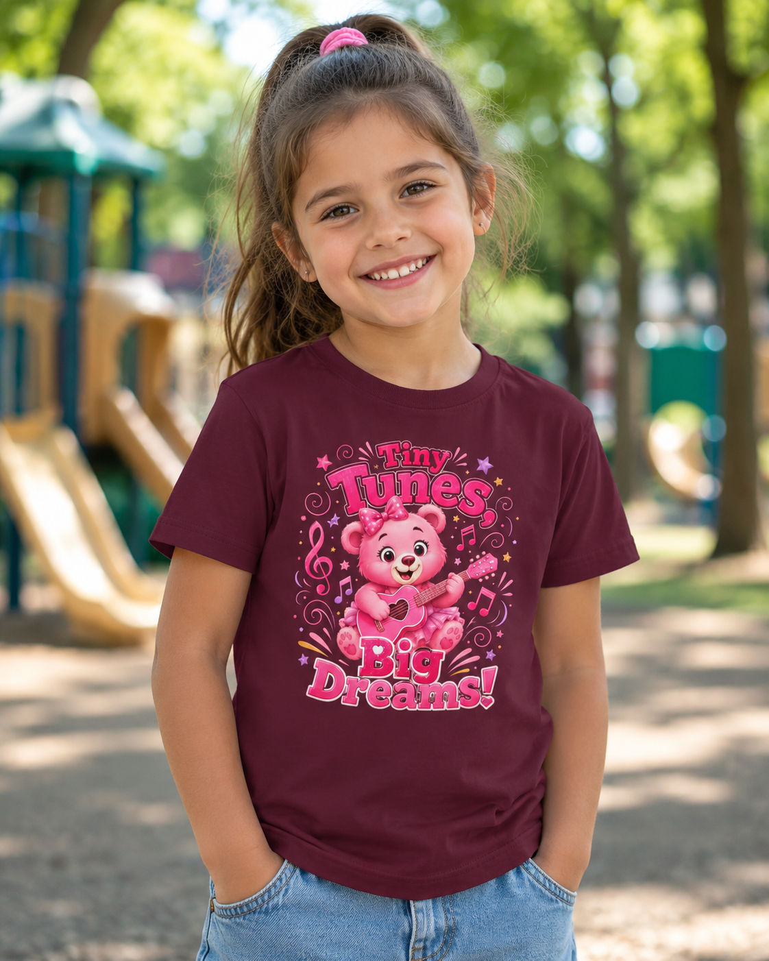 Kids T-Shirt — "Tiny Tunes, Big Dreams" Cute Pink Bear Music Tee