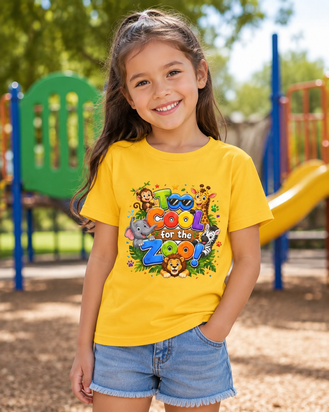 Kids Tee — "Too Cool for the Zoo" Colorful Animal Graphic