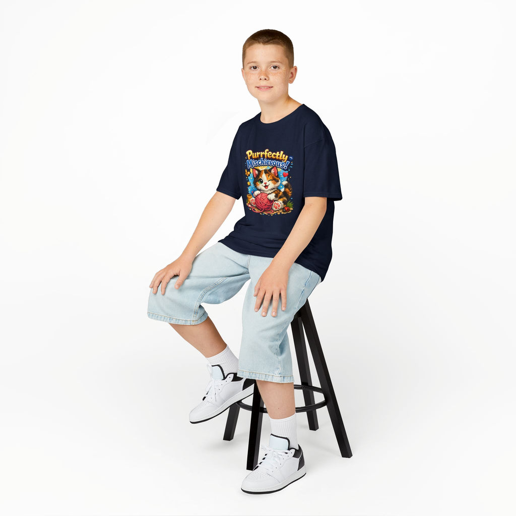 Kids T-Shirt — "Purrfectly Mischievous" Cute Kitten Playing with Yarn
