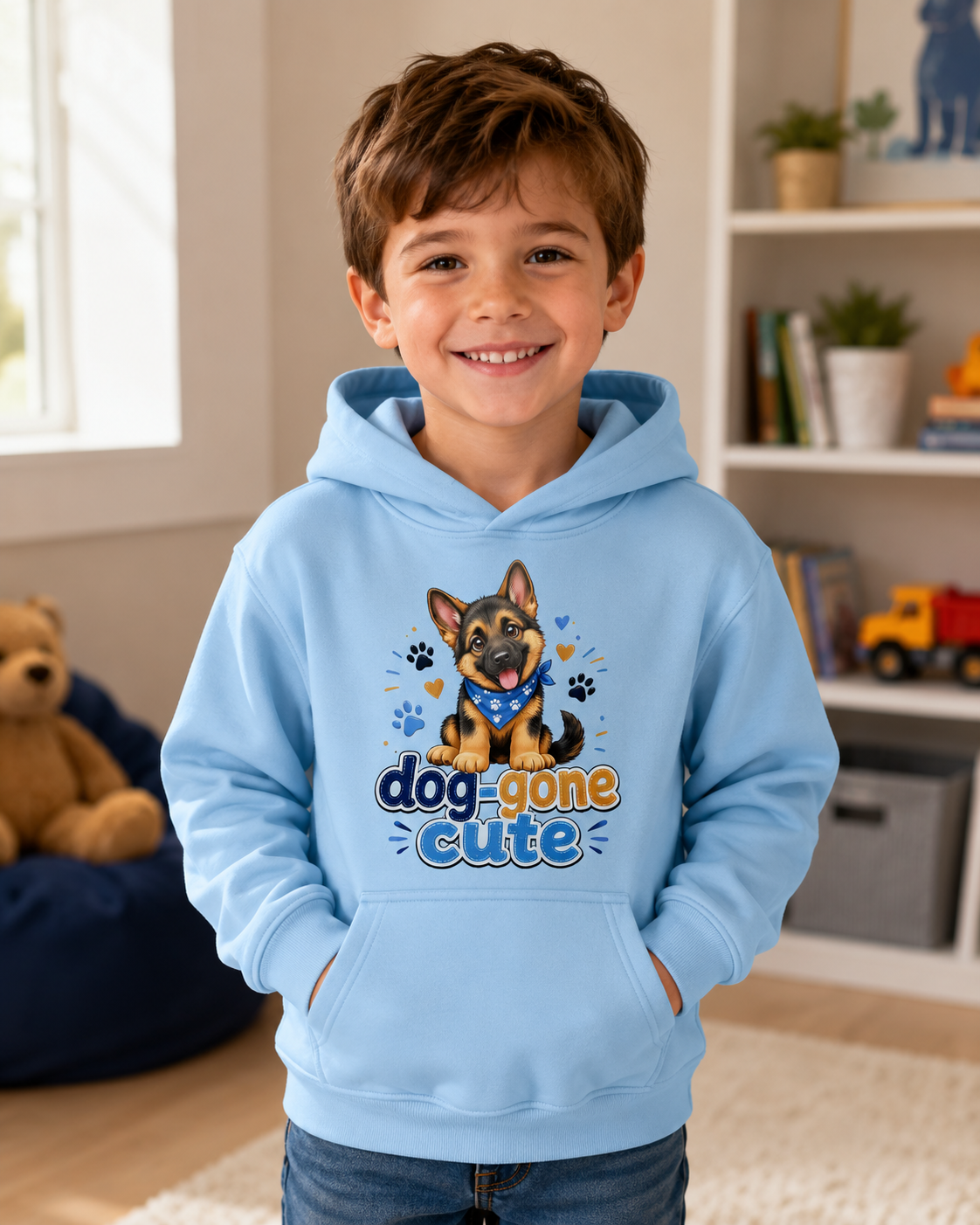 Kids Hoodie - "Dog-Gone Cute" German Shepherd Puppy Graphic Hoodie for Children