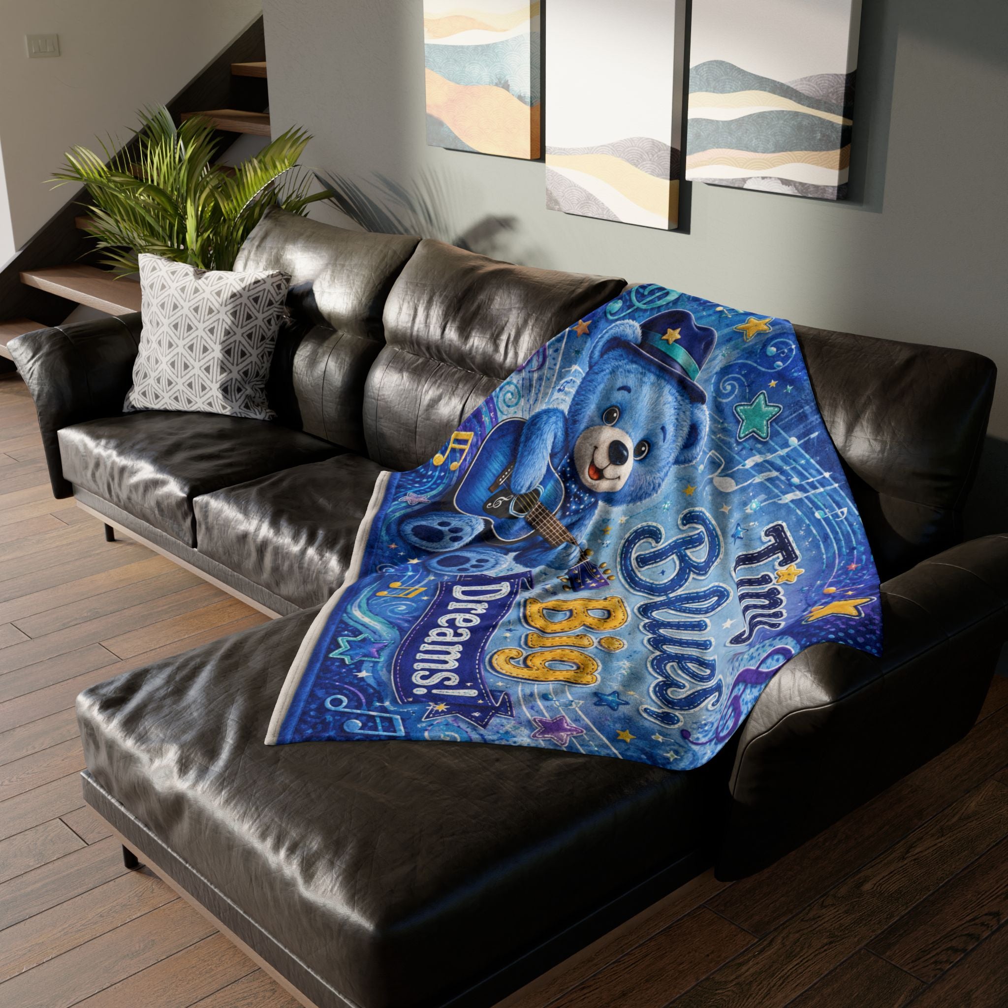 Tiny Blues Big Dreams Baby Blanket — Blue Teddy Guitar Nursery Throw