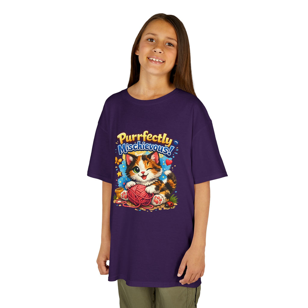 Kids T-Shirt — "Purrfectly Mischievous" Cute Kitten Playing with Yarn