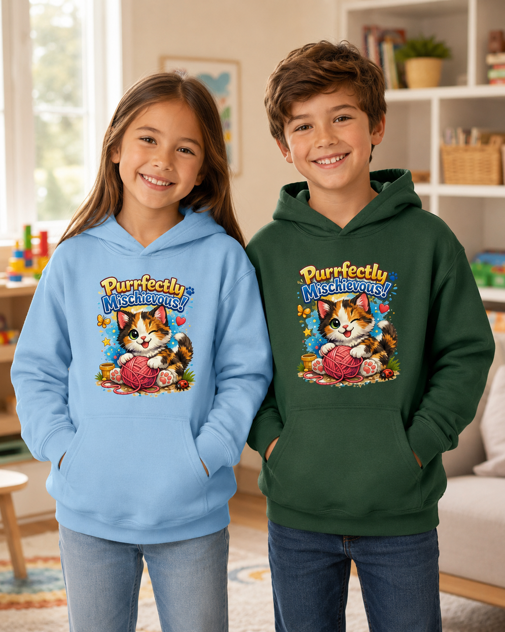 Kids Hoodie — "Purrfectly Mischievous" Cat Graphic Hoodie for Children