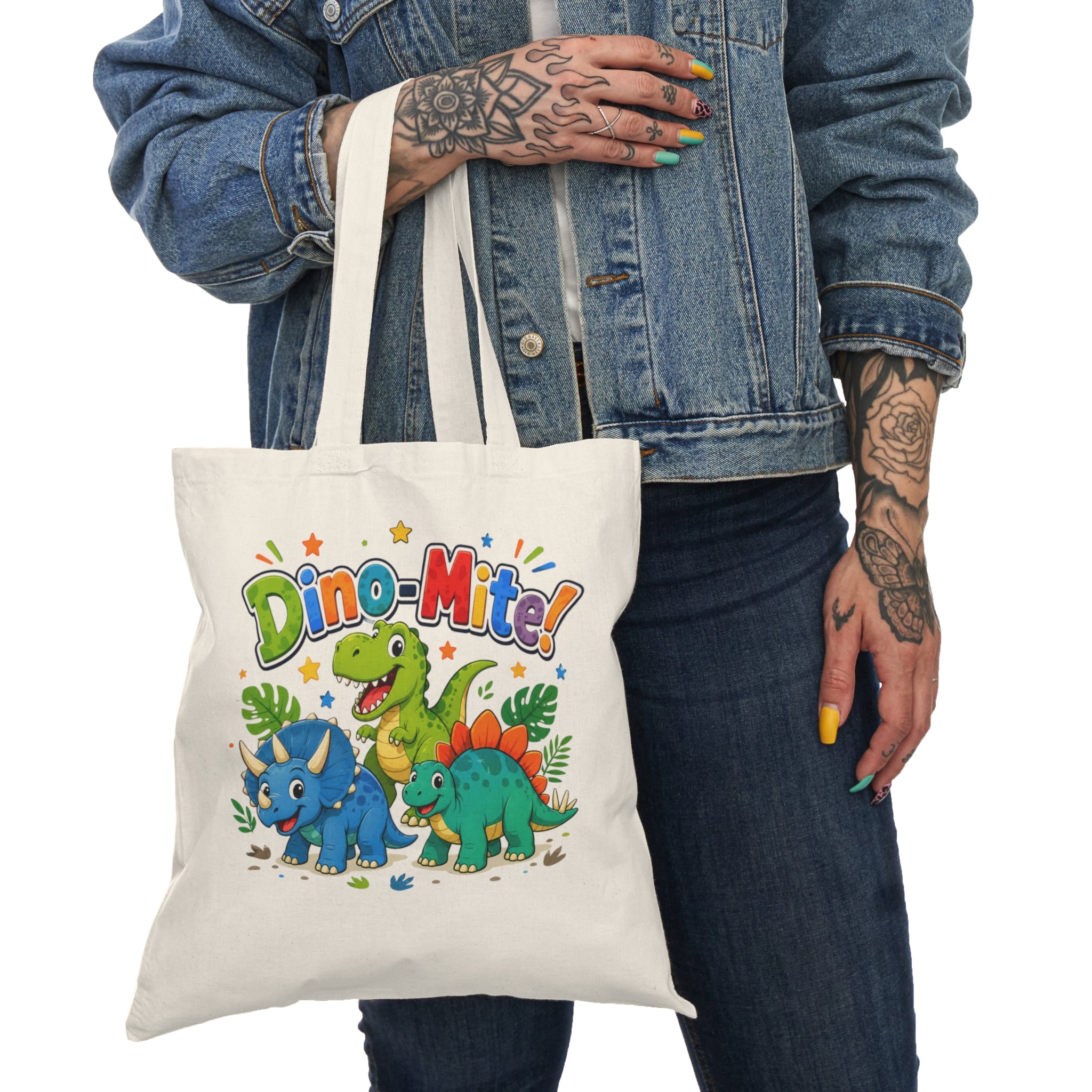 Dino-Mite! Cute Kids Dinosaur Tote Bag — Canvas Natural Grocery & School Bag