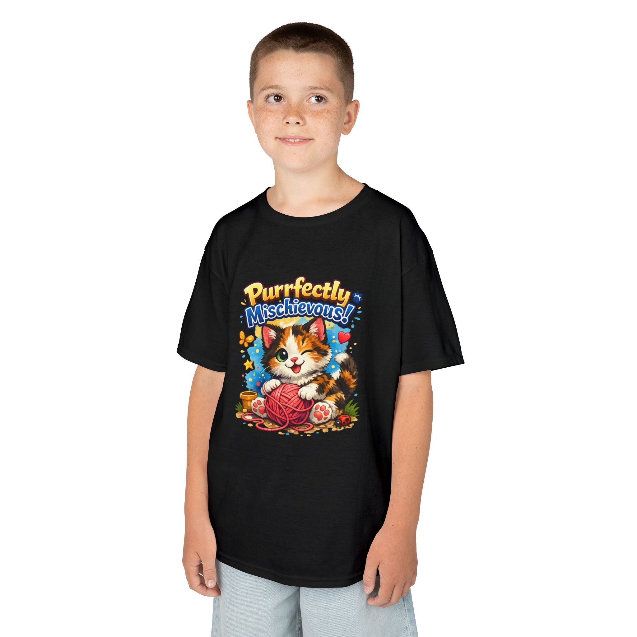 Kids T-Shirt — "Purrfectly Mischievous" Cute Kitten Playing with Yarn