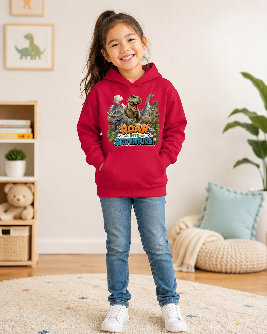 Kids Hoodie - "Roar Into Adventure" Dinosaur Hoodie for Boys & Girls, T‑Rex Graphic Pullover