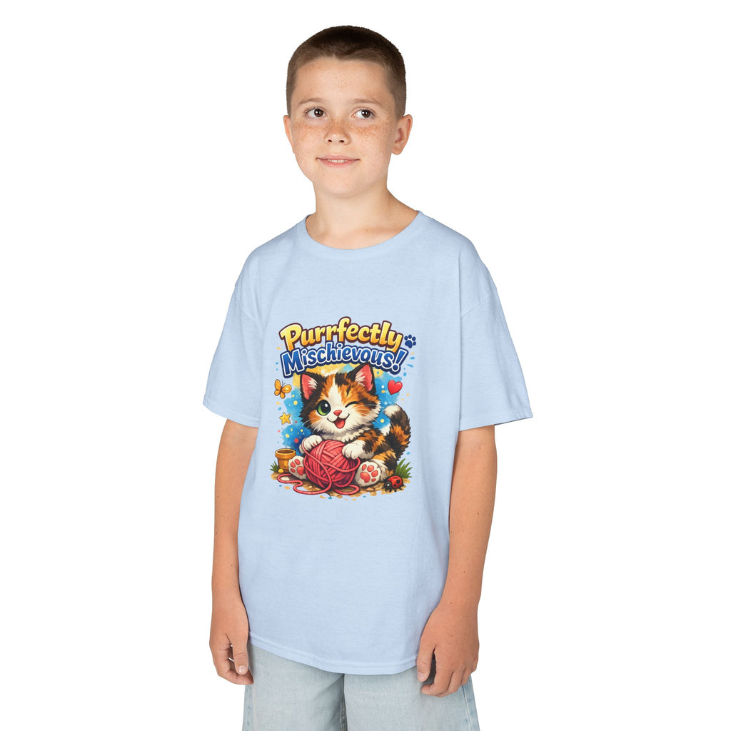 Kids T-Shirt — "Purrfectly Mischievous" Cute Kitten Playing with Yarn