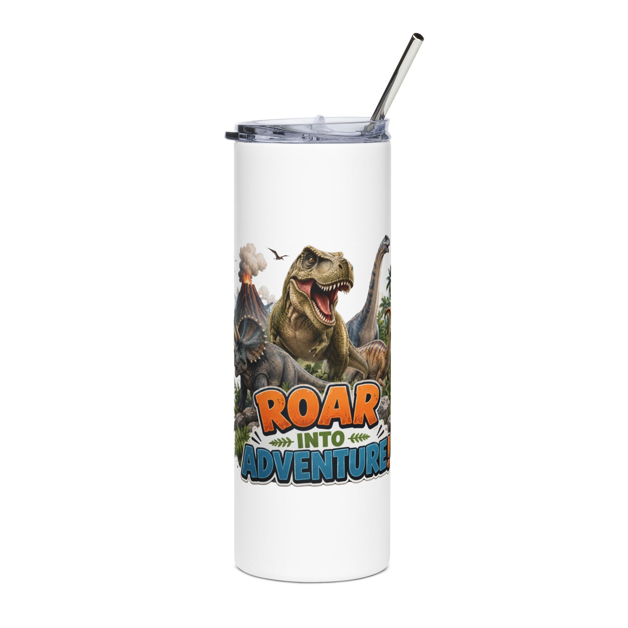 20oz Tumbler — "Roar Into Adventure" Dinosaur Stainless Steel Travel Cup