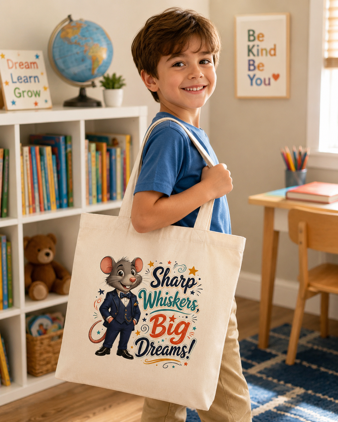 Tote Bag — "Sharp Whiskers, Big Dreams!" Cute Motivational Mouse Eco Tote