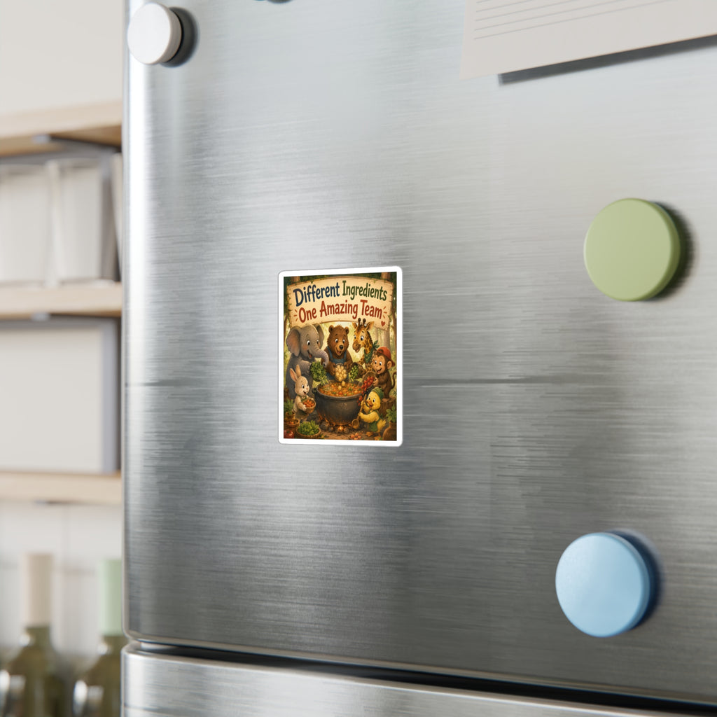 Kiss-Cut Vinyl Sticker — "Different Ingredients One Amazing Team" Cute Woodland Animals Teamwork Decal