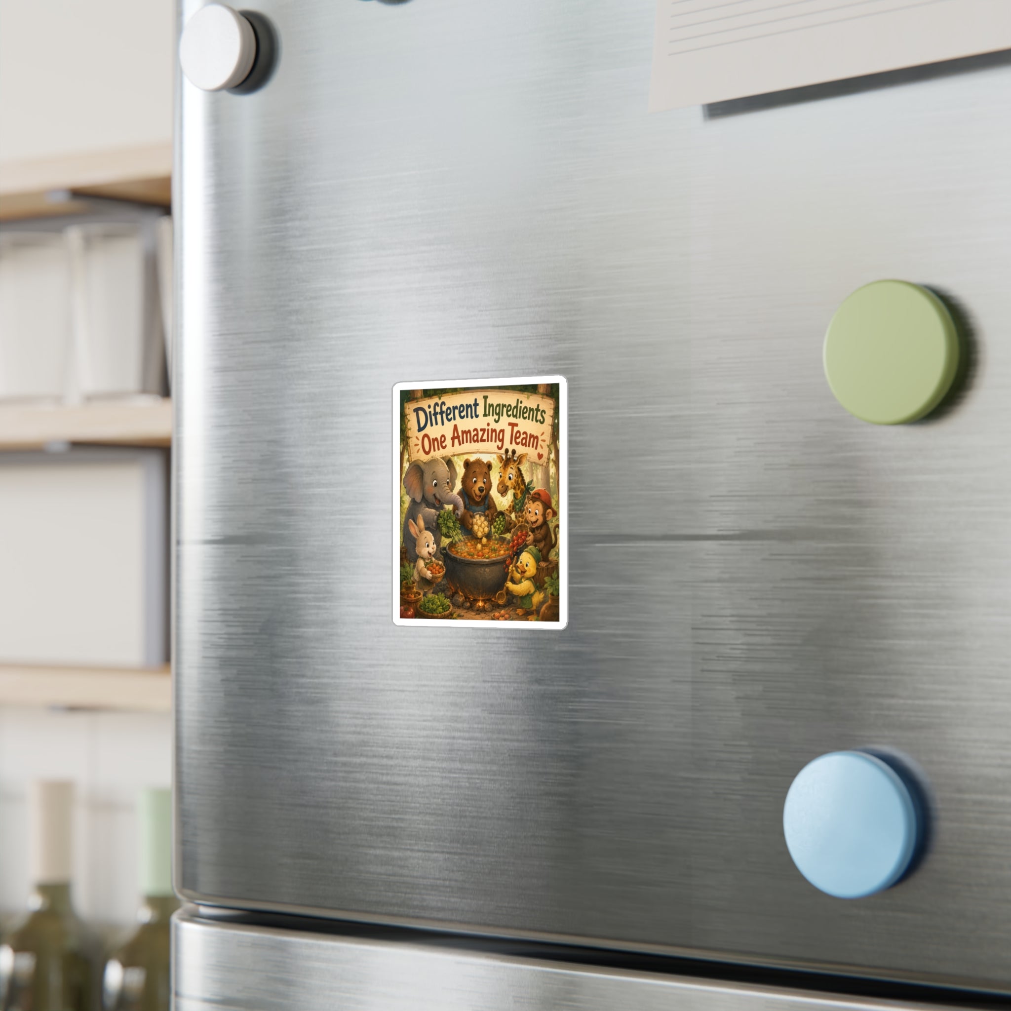 Kiss-Cut Vinyl Sticker — "Different Ingredients One Amazing Team" Cute Woodland Animals Teamwork Decal