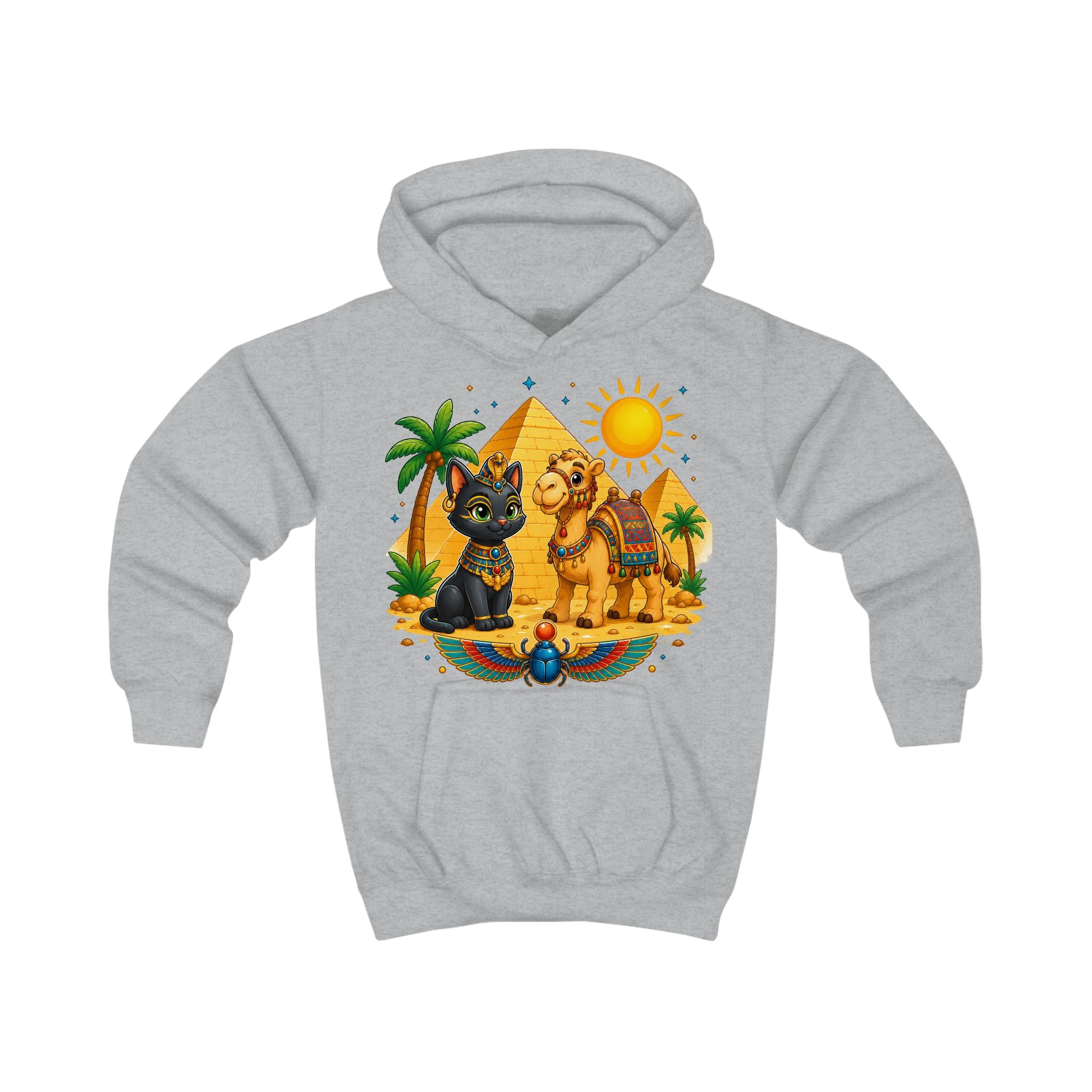 Egyptian Cats with Camel Kids Hoodie | Pyramid, Palm Trees, Sun