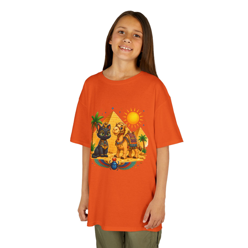 Egyptian Cats and Camel Kids Tee | Pyramid Desert Sun Illustration