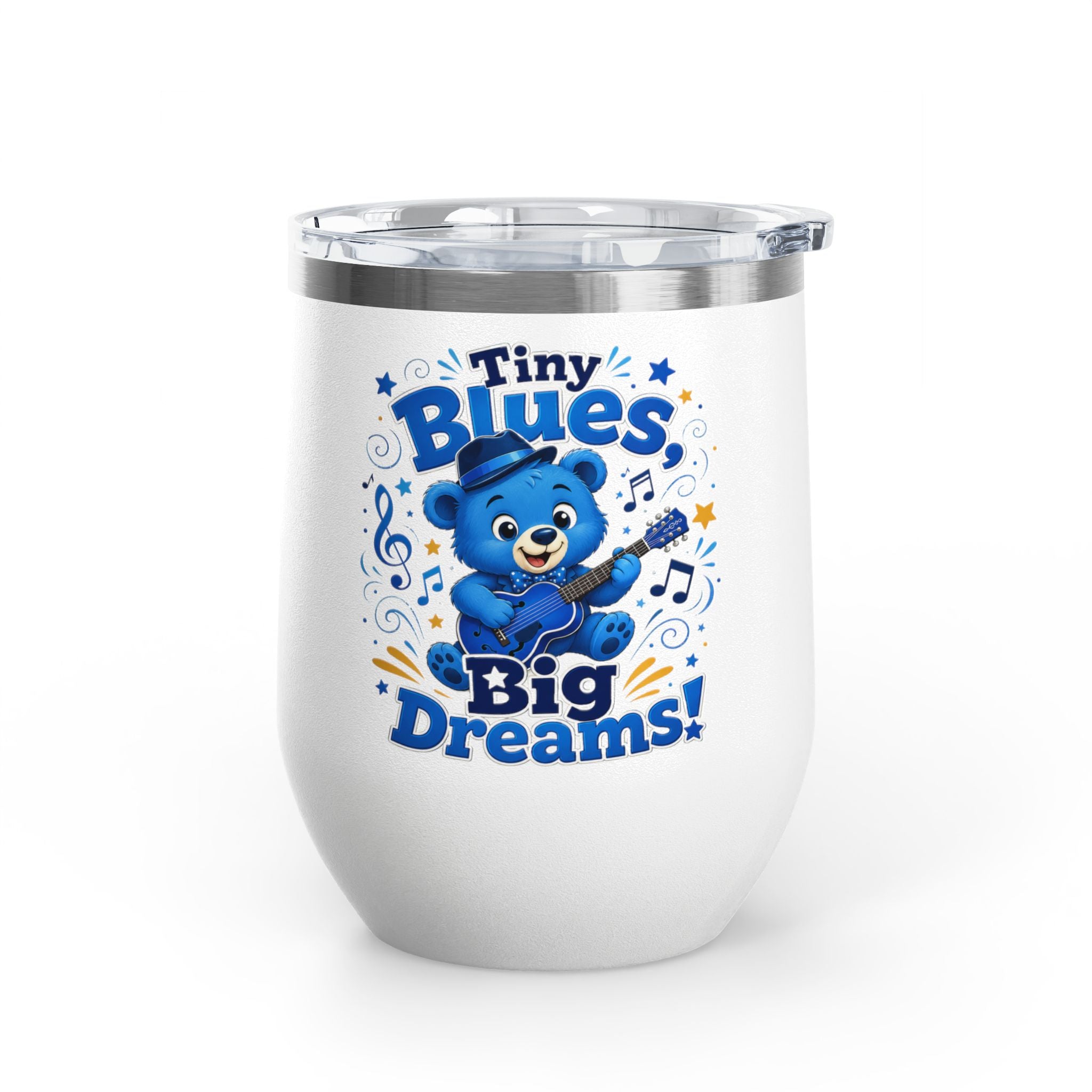 12oz Tumbler — "Tiny Blues Big Dreams" Cute Blue Bear Music Design