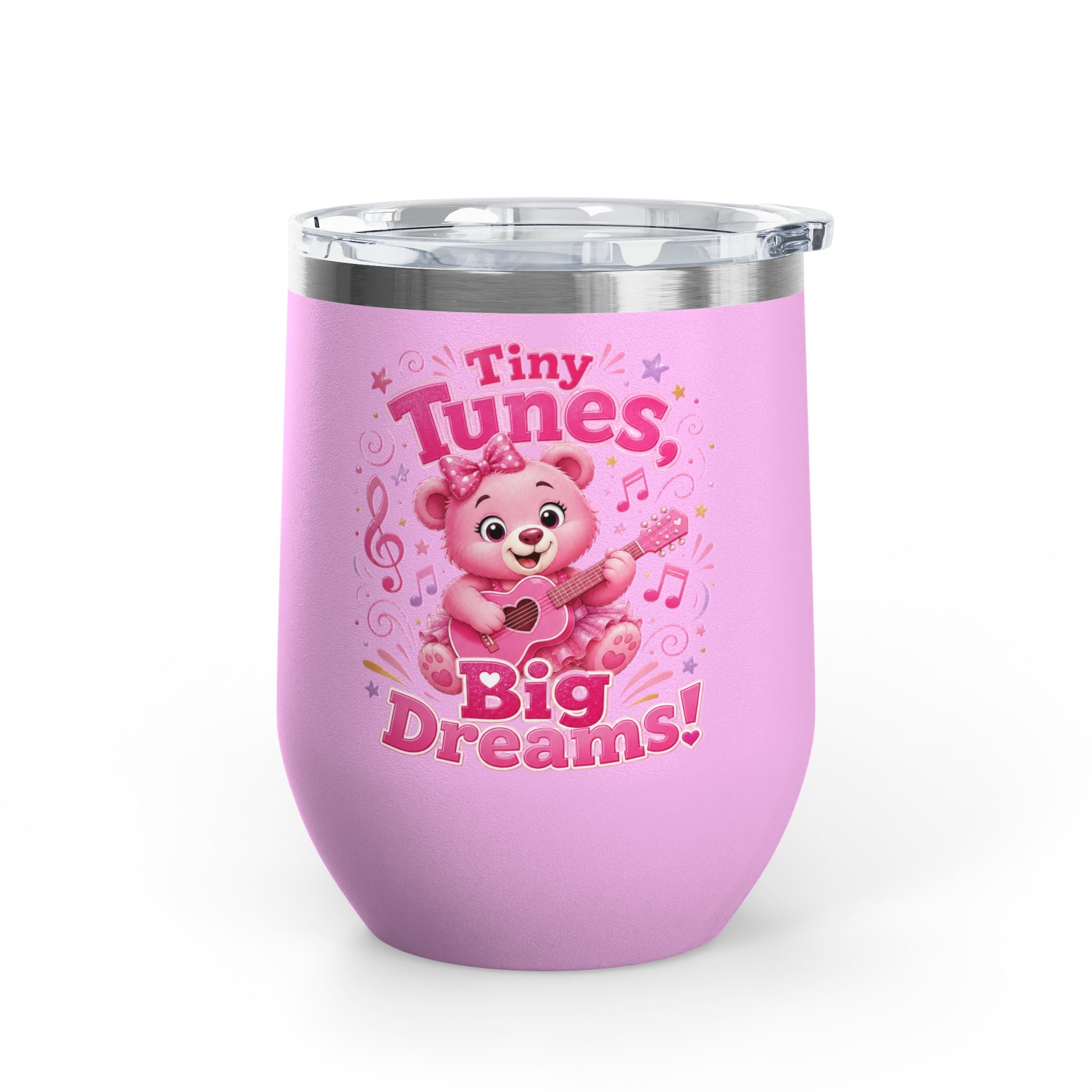 12oz Tumbler — "Tiny Tunes, Big Dreams" Cute Pink Bear Design