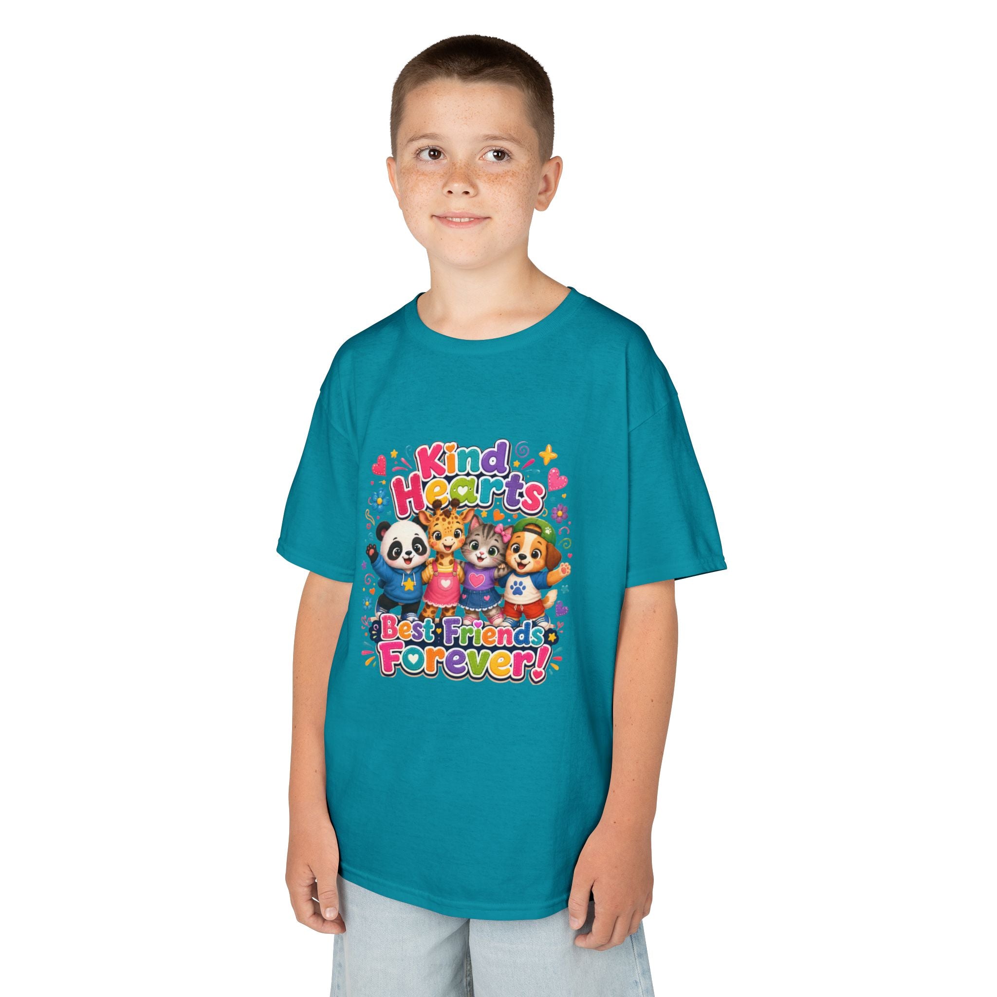 Kids Tee — "Kind Hearts Best Friends Forever" Colorful Cartoon Animals