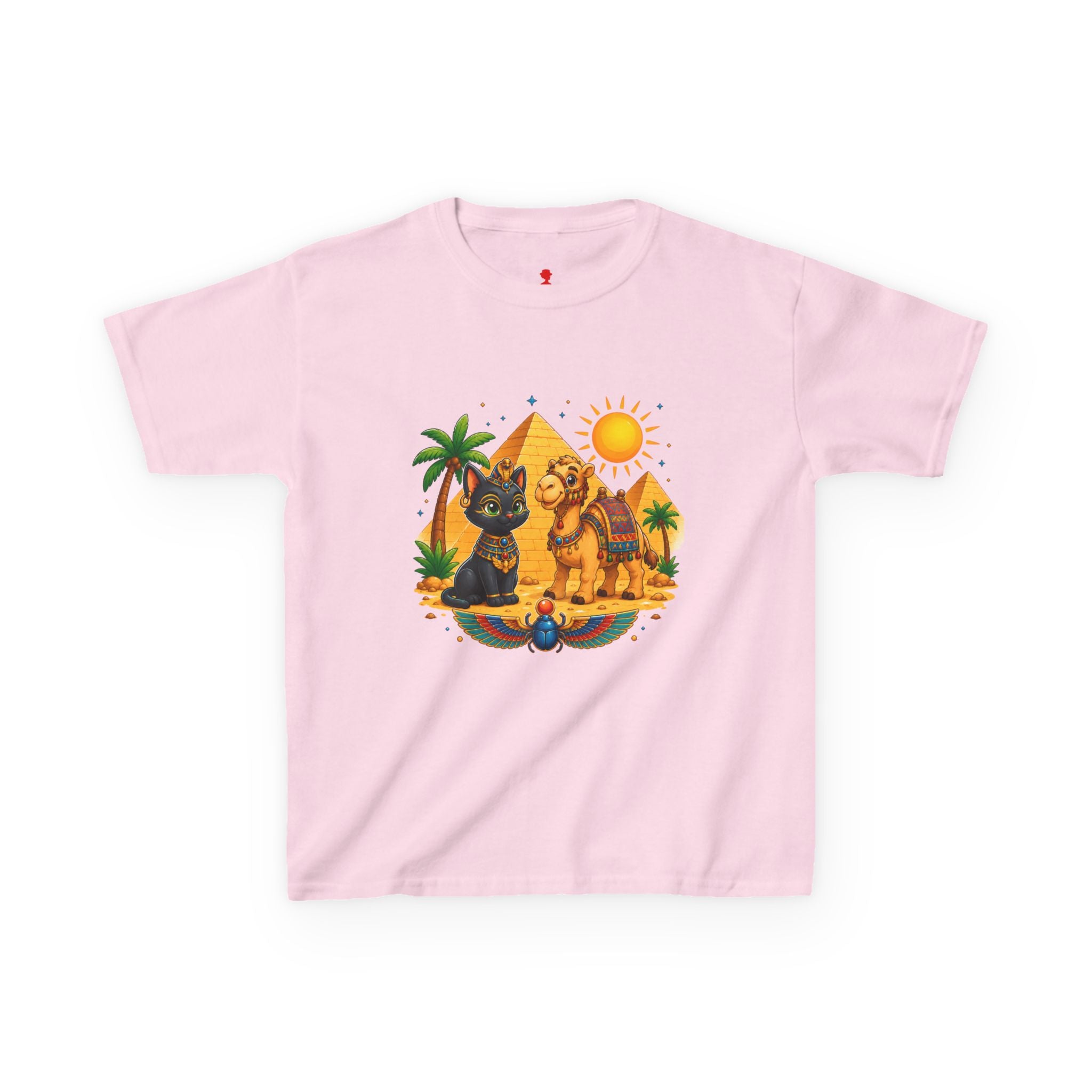 Egyptian Cats and Camel Kids Tee | Pyramid Desert Sun Illustration