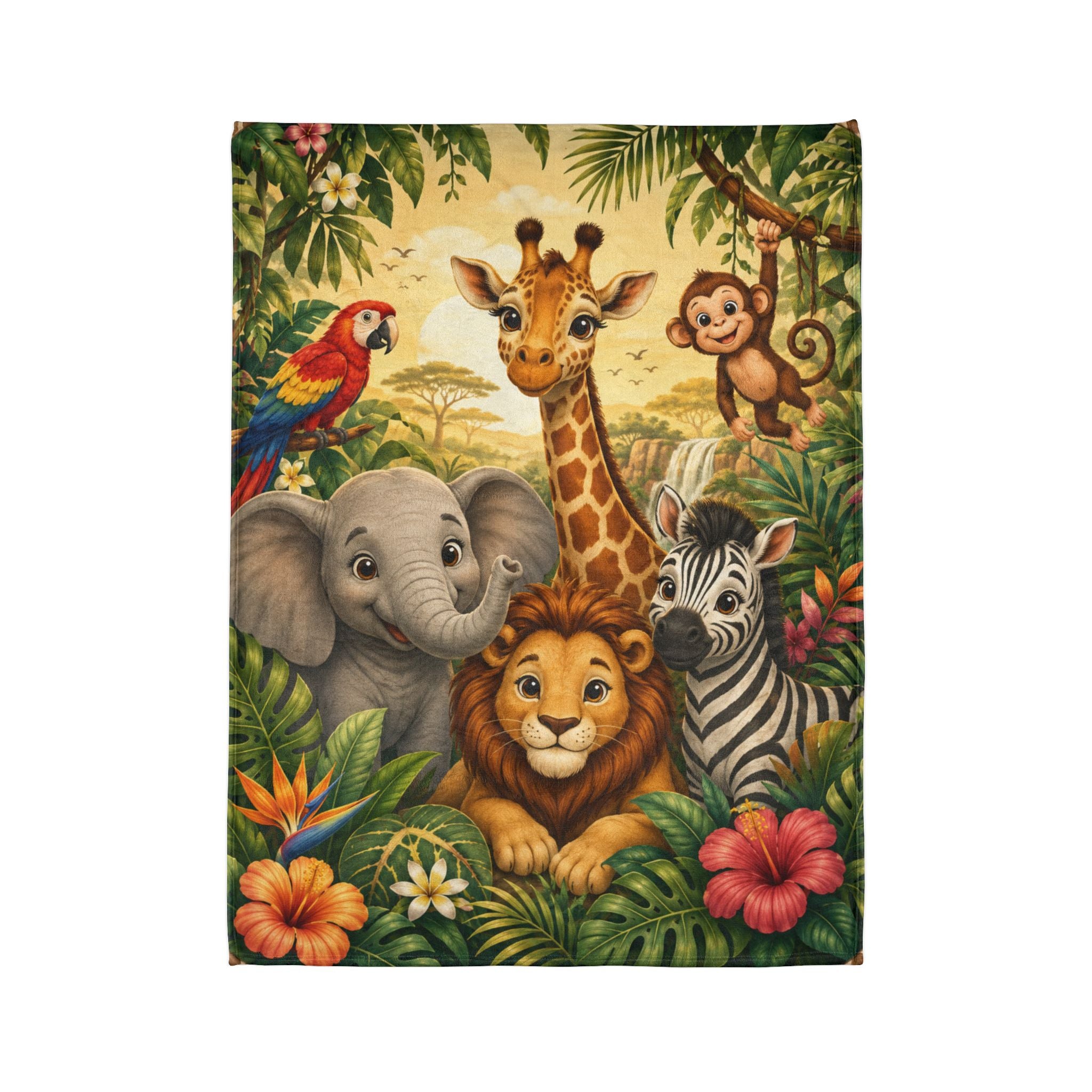 Safari Animal Friends Blanket | Jungle Lion Giraffe Elephant Zebra Monkey Parrot