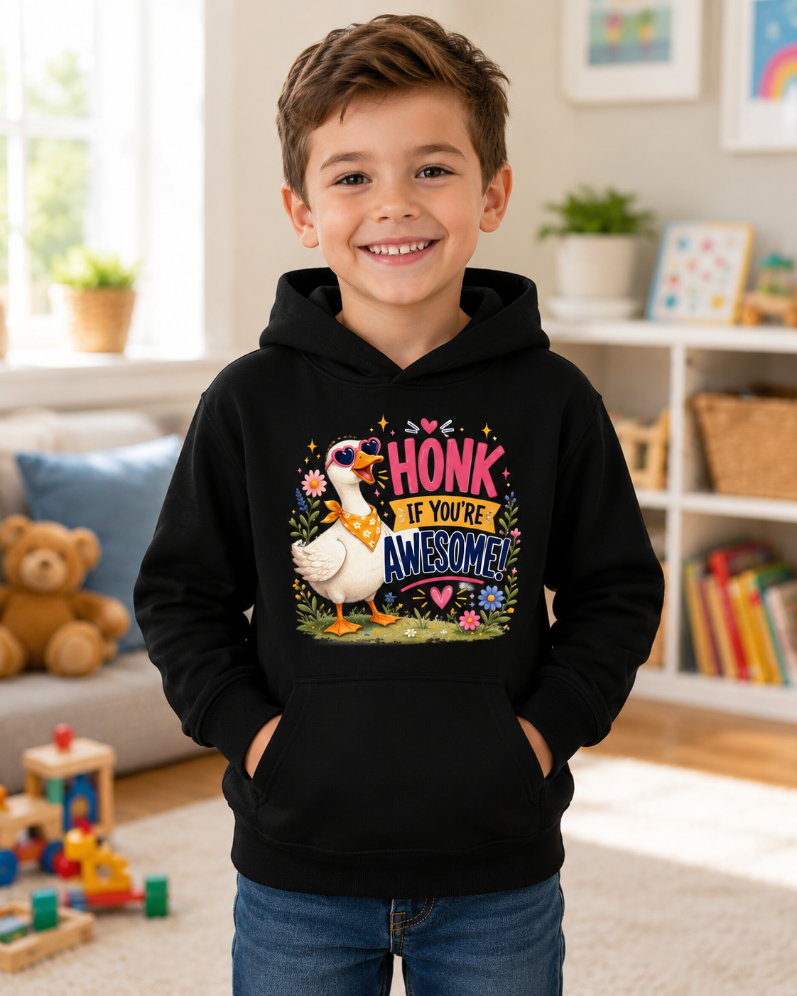 Kids Hoodie — "Honk If You're Awesome" Cute Goose Pullover for Children