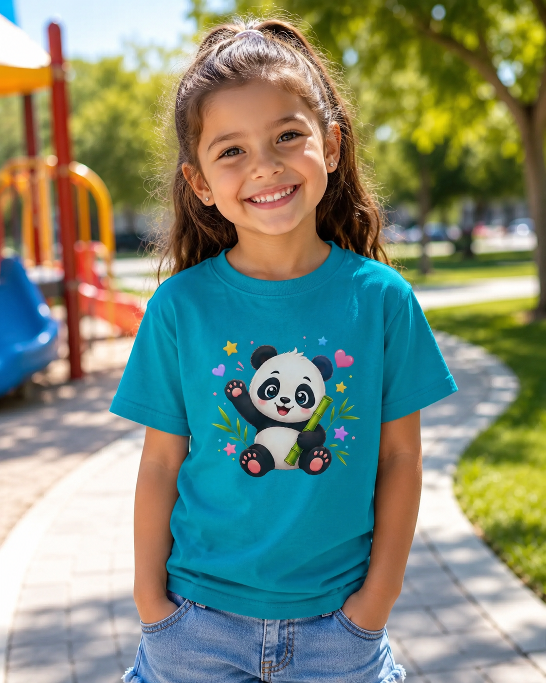 Cute Panda Kids T‑Shirt — Smiling Baby Panda with Hearts & Bamboo