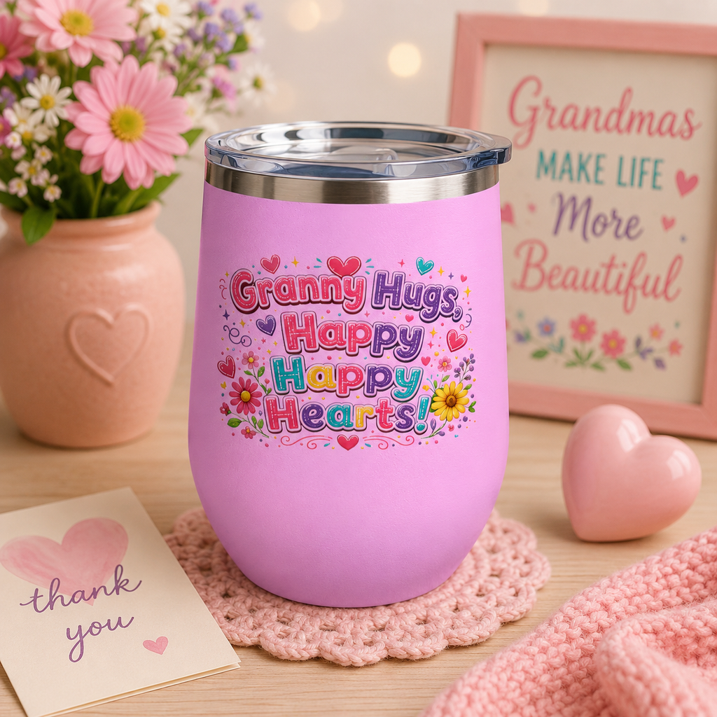 "Granny Hugs, Happy Happy Hearts" Floral 12oz Insulated Cup