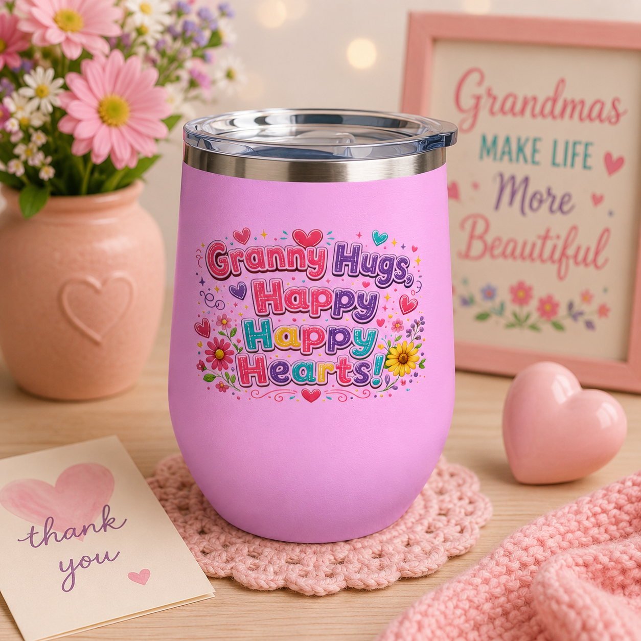 "Granny Hugs, Happy Happy Hearts" Floral 12oz Insulated Cup