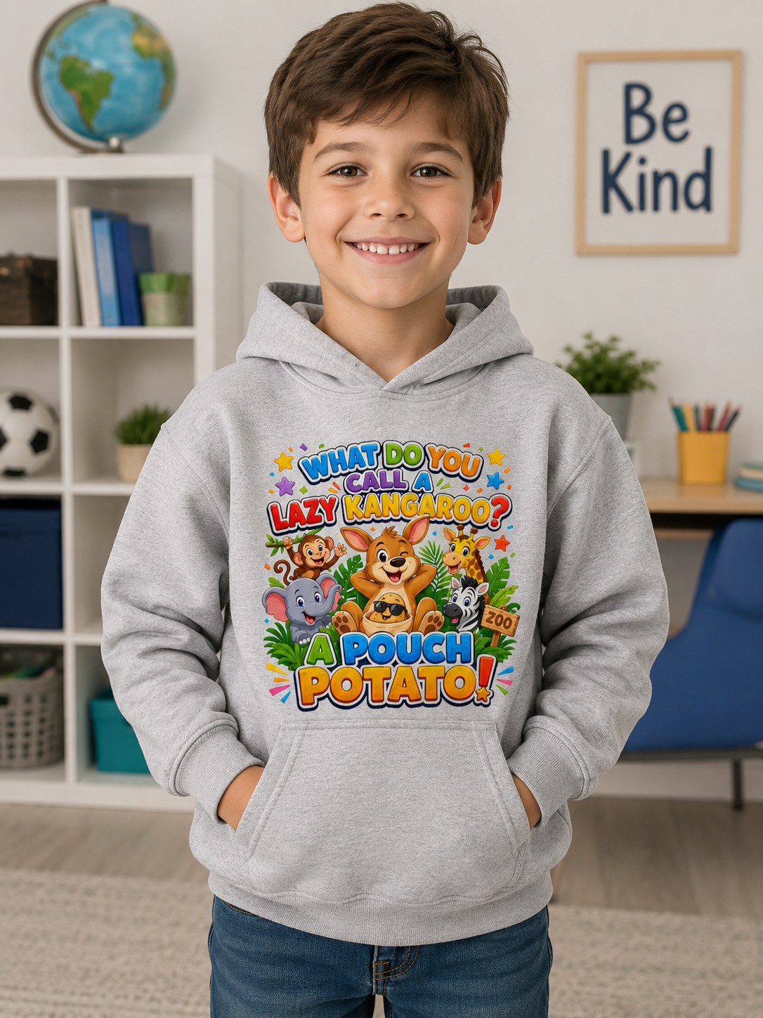 Lazy Kangaroo Pouch Potato Kids Hoodie | Cute Animal Joke Graphic