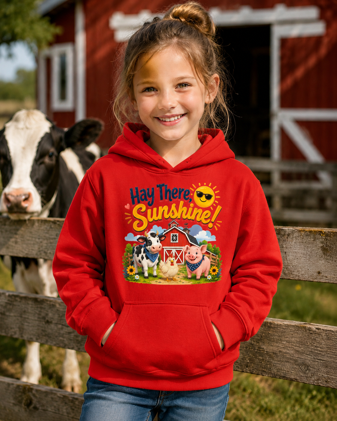 Hay There Sunshine! Kids Hoodie - Cute Farm Animals Barnyard Sweatshirt