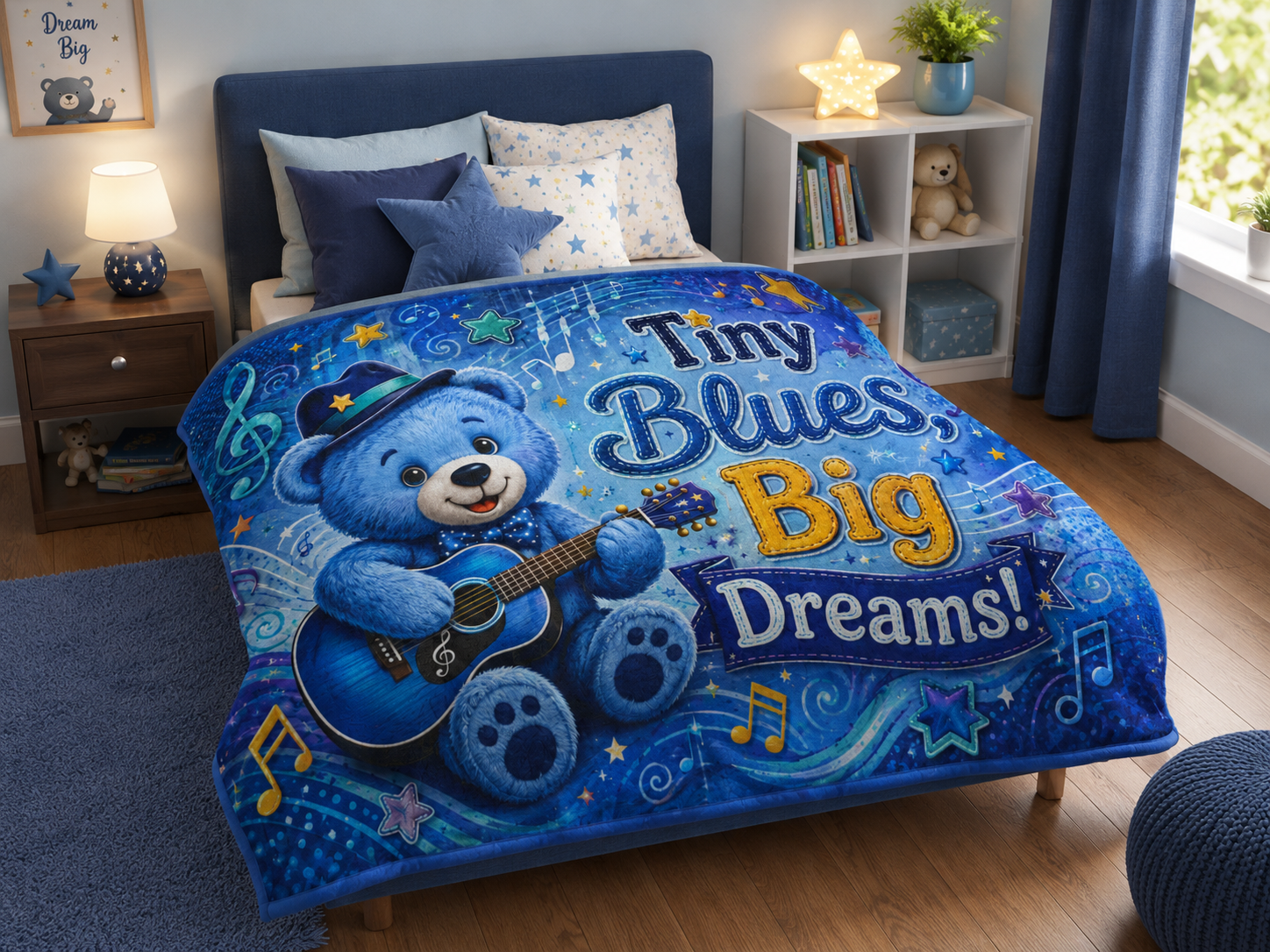 Tiny Blues Big Dreams Baby Blanket — Blue Teddy Guitar Nursery Throw