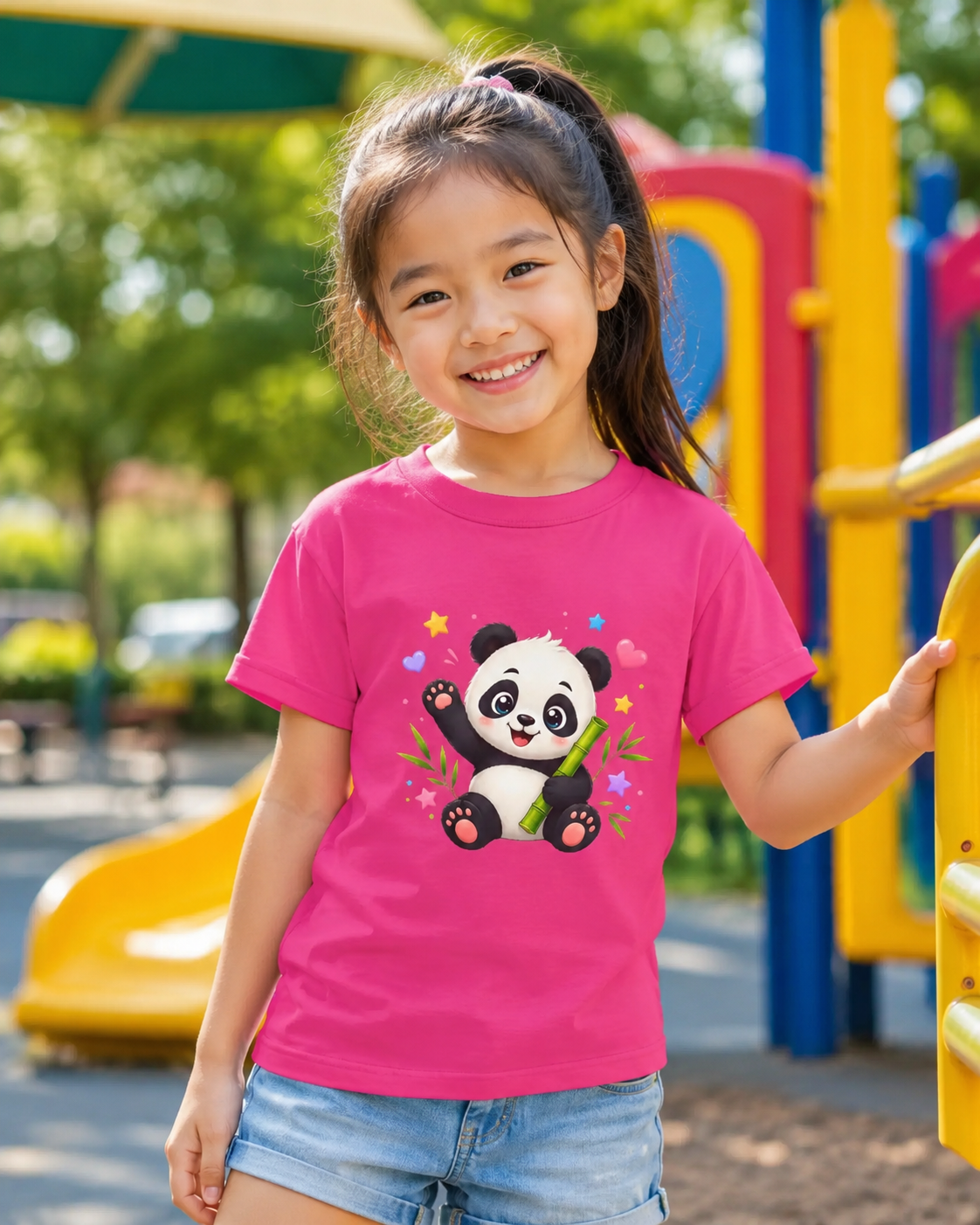 Cute Panda Kids T‑Shirt — Smiling Baby Panda with Hearts & Bamboo
