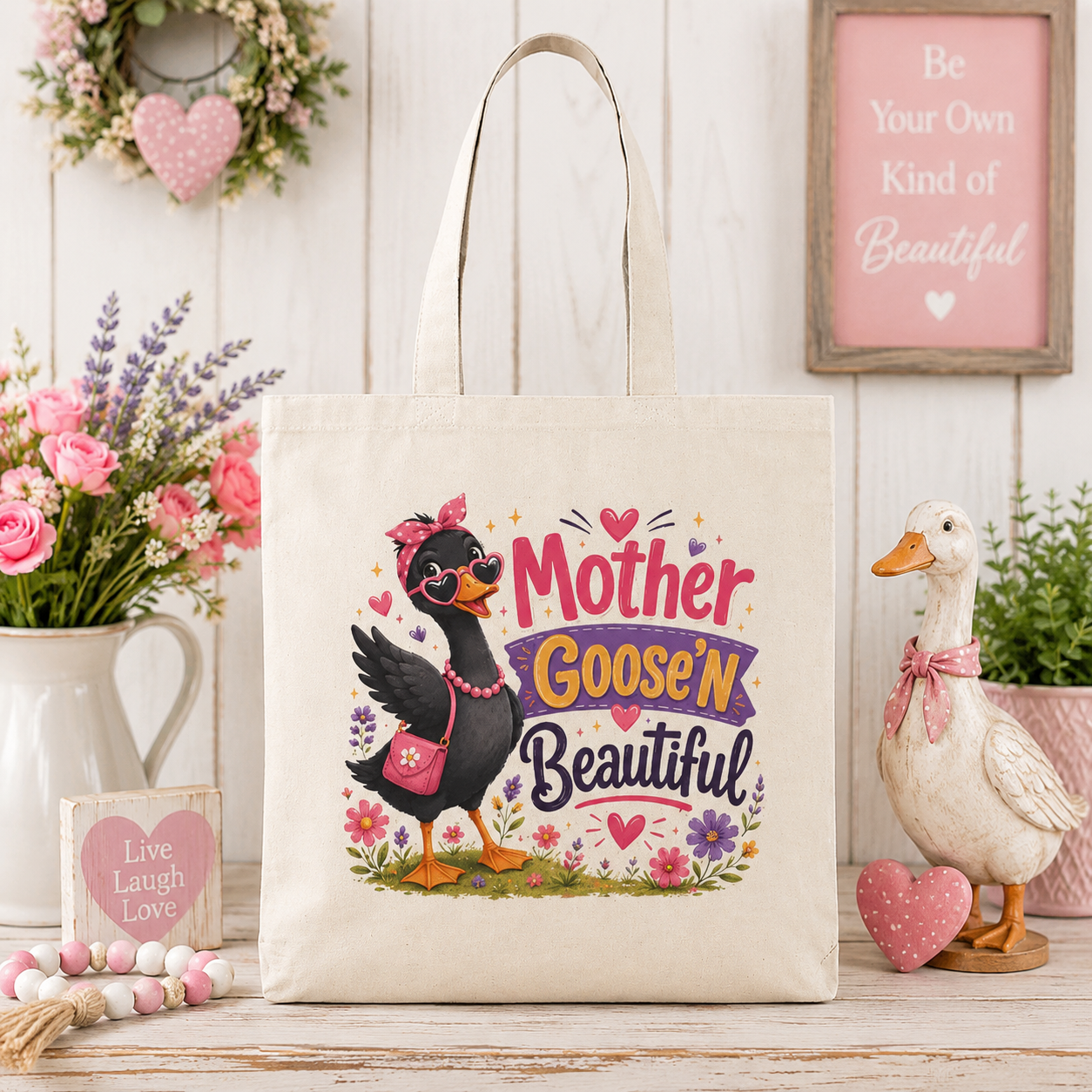 Mother Goose'n Beautiful Tote Bag — Cute Mom Goose Illustration Eco Canvas Shopper