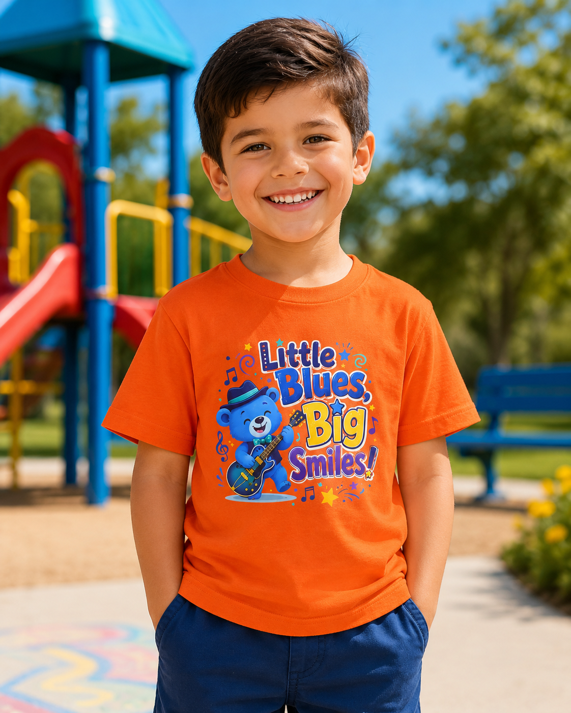 Kids Tee — "Little Blues, Big Smiles!" Guitar-Bear Graphic