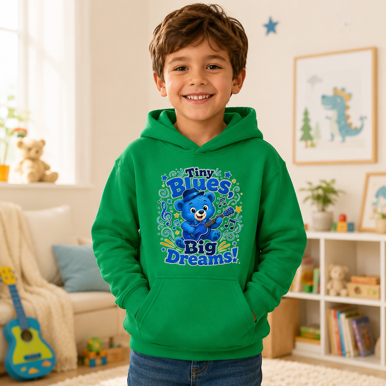 Kids Hoodie - "Tiny Blues Big Dreams" Cute Blue Bear Music Hoodie for Children