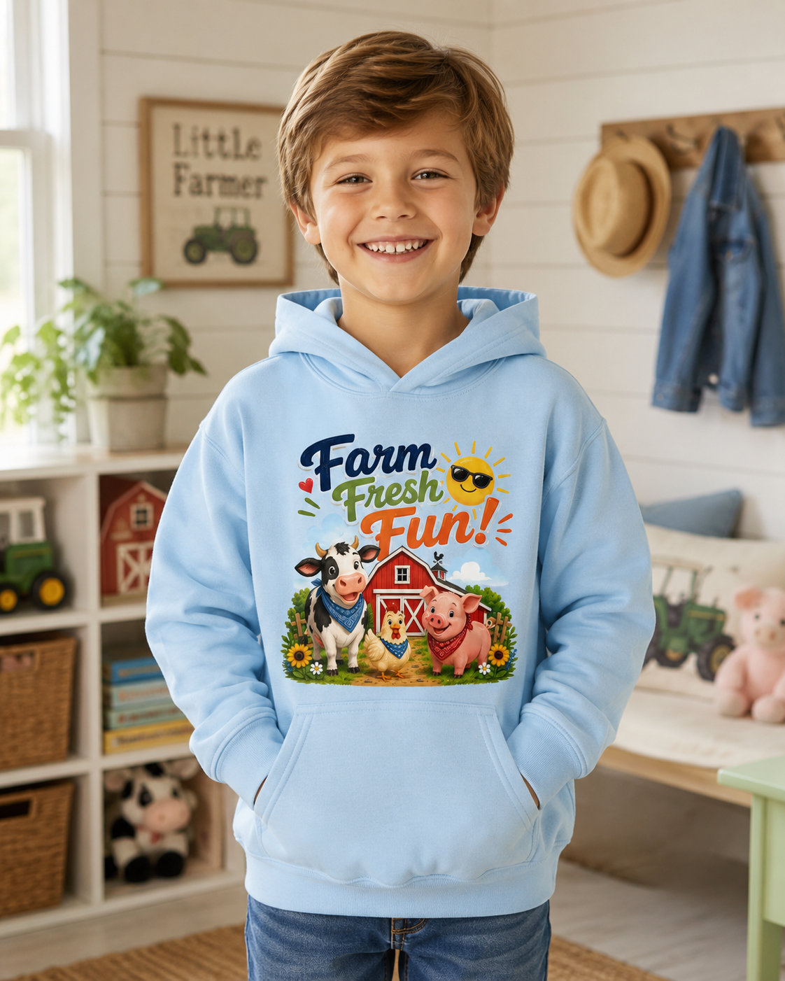 Farm Fresh Fun Kids Hoodie — Cute Cow & Pig Barnyard Design