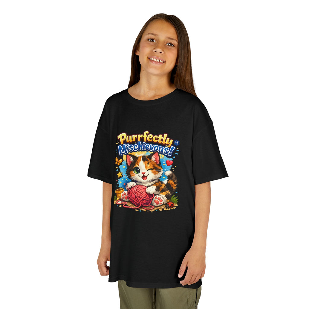 Kids T-Shirt — "Purrfectly Mischievous" Cute Kitten Playing with Yarn