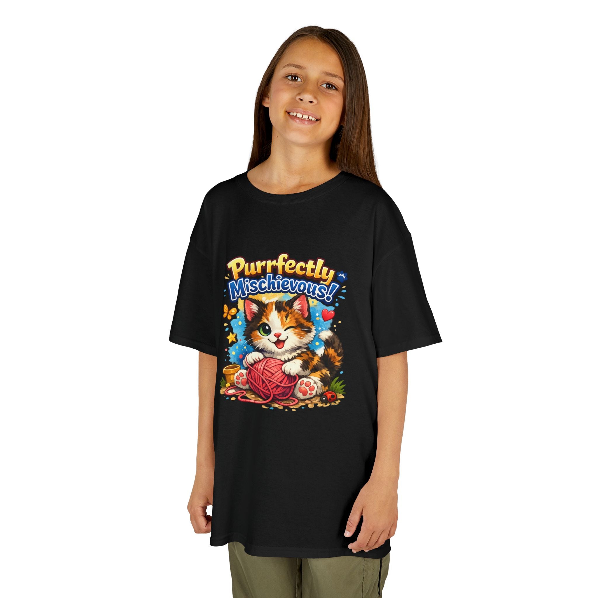 Kids T-Shirt — "Purrfectly Mischievous" Cute Kitten Playing with Yarn