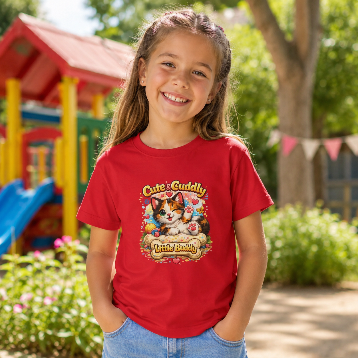 Kids T-Shirt — "Cute & Cuddly Little Buddy" Cat Graphic Tee