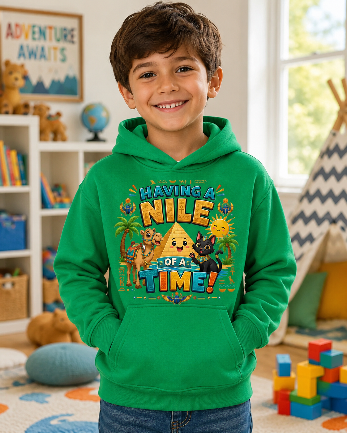 Having a Nile of a Time Kids Hoodie | Cute Egyptian Pyramid Cat Cartoon