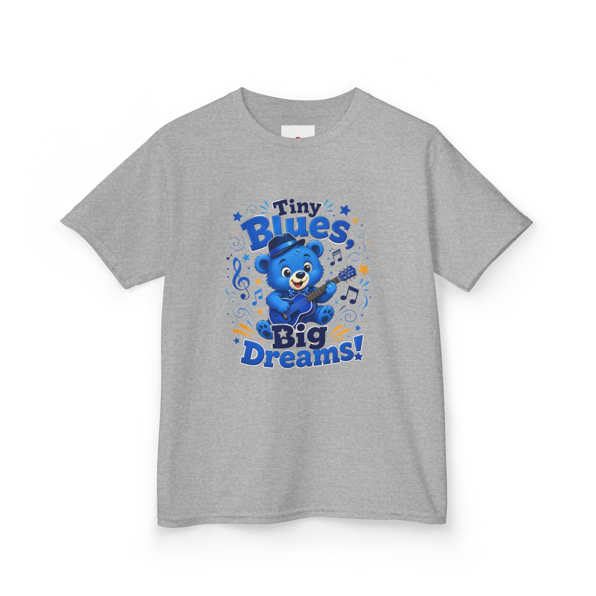 Kids Tee - "Tiny Blues, Big Dreams!" Cute Blue Bear Music Graphic