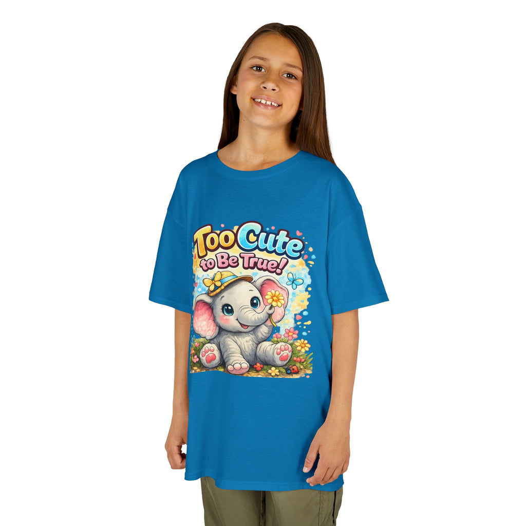 Kids Tee — "Too Cute to Be True" Elephant Graphic